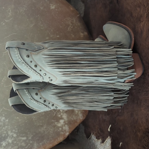 LIBERTY BLACK Vegas Fringed leather boots "Ciel"/Ice Blue LB71124 snip toe sz6.5 - Picture 5 of 16